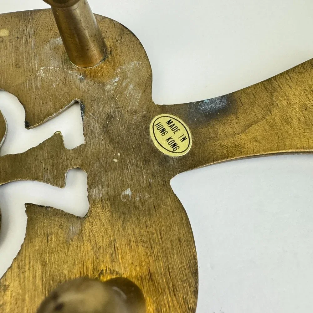 Vtg Gold Plated Colored Footed Trivet Spade Shape w Clover‎ Made in Hong Kong